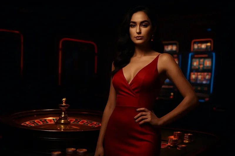 Elegant Casino Banner Beautiful woman in red dress posing confidently near roulette and slot machines with gold coins and poker chips in a luxurious Bangladeshi casino atmosphere