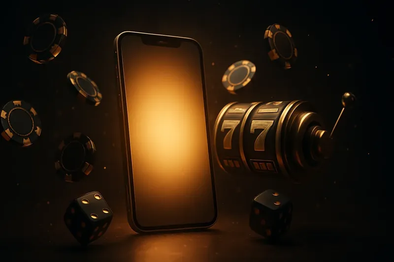 Luxury Casino Banner Glowing smartphone surrounded by casino chips, slot reels, and dice on a dark gold background
